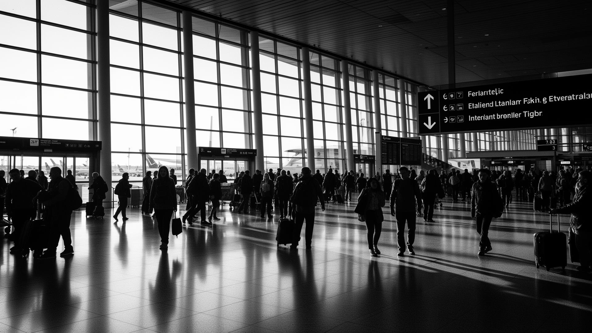 Travelers in an international airport terminal